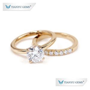 Кольца Tianyu Fine Jewelry Custom 585 750 Настоящее сплошное желтое золото Моссанит Свадебный пасьянс Муассанит Обручальное кольцо Набор для D Dhurn