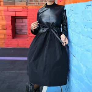 Casual Dresses 2024 Pu Patchwork Sashes Dress Fashion Long Sleeve Stand Collar A Line Vintage Black Solid Elegant Kne Winter