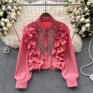 Kadın bluzları Kadınlar için vintage Sequined Turn Yatak Yaskalı Kenar Fransız Mahkemesi Retro Femme Gömlek Üstler Kadın Blusas Drop