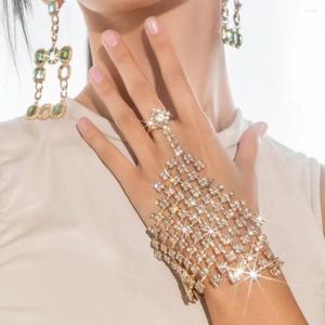 Link Bracelets Shiny Rhinestone Bracelet Women's Chain Finger Ring Crystal Bridal Wedding Jewelry Dance Gloves Brace