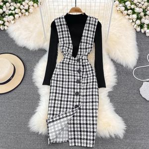 Work Dresses 2024 Autumn Winter Woolen Plaid Set Skirt Women's Style Waist Wrapped Slim Strap Dress Sweater Two Piece