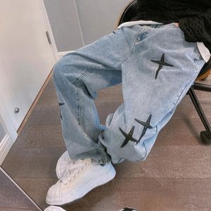 Tryck jeans män streetwear baggy wide ben jeans koreanska mode draperier rakt loss denim lastbyxor 240122