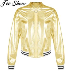 Kids Girls Boys Shiny Metallic Baseball Jacket Long Sleeve Casual Sports Bomber Jackets Jazz Hip-hop Street Dance Coats Outwear 240123