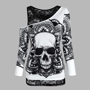 Goth escuro halloween streetwear topos feminino rendas sexy camiseta 2 pçs conjunto gótico estético crânios impresso manga longa em torno do pescoço topo 240123