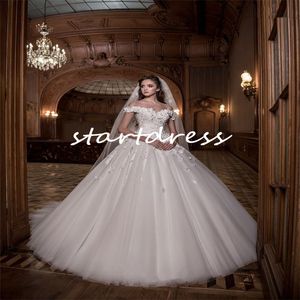 Princess Ball Gown Wedding Dresses With 3D Florlas Elegant Off Shoulders Lace Up Corset Country Garden Bridal Dress 2024 Sweep Train Tulle Church Robe De Mariee Chic