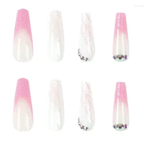 False Nails 24 PCS Full Cover Long Press On French Tip Fake With Rhinestones