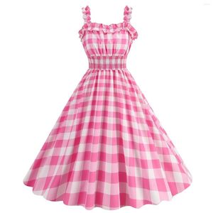 Casual Dresses 2024 Kvinnor Sexig Slim Print Polka Dot Pink Camisole Vintage Big Hem Slip Dress Elegant Ladies Spaghetti Strap Knee Längd