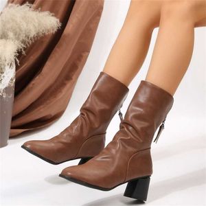 Botas moda mulheres outono inverno novo sexy meados de manga volta zíper grosso coxa salto alto sapatos de couro ocidental 230830