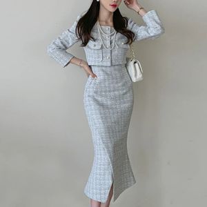 Kış Kore Moda Zarif 2 Parça Set Kadın Ekose Vintage Midi Etek Takım Kadın Tüvit Basit Günlük Giysileri 240124