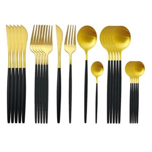 24 stücke Schwarz Gold Matte Geschirr Besteck Set Edelstahl Geschirr Set Hause Messer Gabel Löffel Besteck Spülmaschinenfest314O