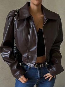 Женская винтажная коричневая короткая куртка из искусственной кожи, однотонная мотоциклетная куртка на молнии с длинным рукавом, байкерское пальто из искусственной кожи, верхняя одежда 240119
