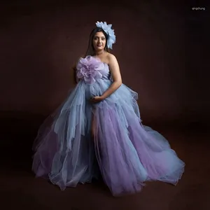 Casual Dresses Unique Mix Colors Tulle Flowers Maternity Pretty Strapless Ruffles Tiered Pregnancy Gowns For Po-shoot Sexy FrontSlit
