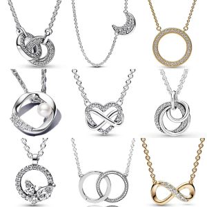 Necklaces Authentic 925 Sterling Silver Intertwined Hearts Circle Pave Moon Family Always Infinity Necklace For Women Fashion Jewelry