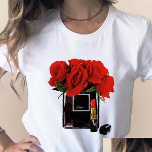 Kadın T-Shirt Kadın Giysileri Bozluk Şişe Başına Çiçek Tee Tatlı Kısa Kollu Baskılı Gömlek