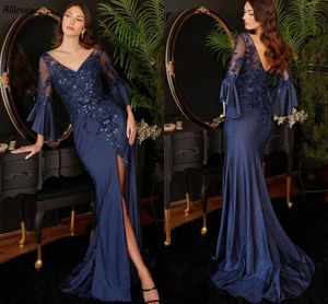 Navy Blue Fishtail Trumpet Mother Of The Bride Dresses With Flare Sleeves V Neck Sequins Beaded Women Special Occasion Party Gowns Sexy Thigh Split Prom Dress CL3252