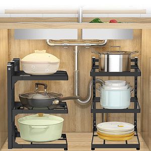 Kitchen Pot Holder Under Sink Multi-Layer Metal Storage Rack Countertop Frying Pan Rice Cooker Dishes Cutlery Organizer Rack 240122