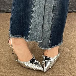 Sandals Silver Rivet Pointed Toe Sexy Buckle Lady Patent Leather Cover Women Slingback Shoes Dress Design