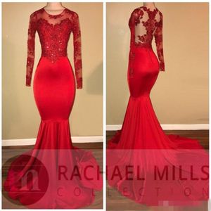 2019 Vintage Sheer långa ärmar Röda balklänningar Mermaid Appliqued Sequined African Black Girls Evening Clows Red Carpet Dress2871