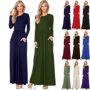 Sıradan Elbiseler Sonbahar Moda Katı Dubai Türkiye Maxi Sundress Kadınlar O Boyun Uzun Kol Müslüman Abaya Elbise İslami Giyim