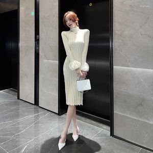 Casual Dresses Autumn Winter Midi Sweater Dress Half Turtleneck Petal Sleeve Bottoming Knitted Women Elegant Business Office Party Robe