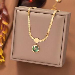 14k Yellow Gold Square Stone Pendant Necklace for Women Classic Female Golds Color Flat Snake Chain Wedding Jewelry Gift New in