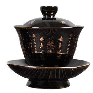 Ceramica Zen Gaiwan Buddha Smalto Porcellana Zuppiera da tè Colore blu e nero Creativo Vintage Kung Fu Ciotola Tazza e piattino291F
