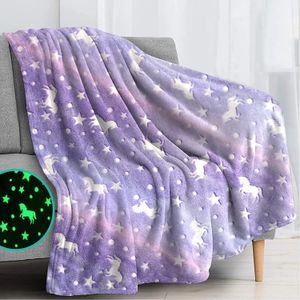 Glow in The Dark Throw Blanket Luminous Unicorns Dinasour Mermaid Blanket Christmas Gifts for Boys Girls Fleece Thin Blanket 240122