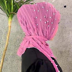 Roupas étnicas Moda Muçulmana Pérola Grânulos Plissados Renda Instantânea Hijab Mulher Cabeça Wraps Chiffon Fino Foulard Bonnet Cachecol Turban Cap