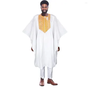 Roupas étnicas HD Roupas Africanas para Homens Tradicionais Ricos Bazin Original Bordado Branco 3 PCS Set Festa de Casamento Ramadã