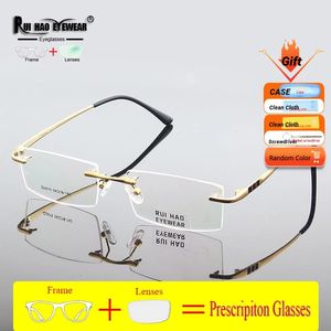 Óculos de prescrição para miopia, lentes de resina personalizadas, óculos progressivos, unissex, armação sem aro 2619 240123