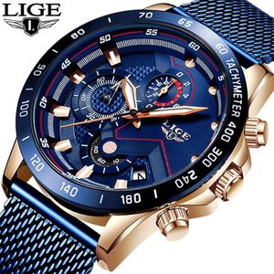 2019 LIGE Novo Relógio Casual Masculino Para Homens Data Quartz Relógios de Pulso Esporte Cronógrafo Moda Azul Malha Cinto Relógio Relojes Hombre264N