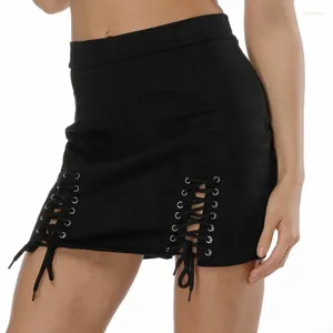Skirts 2024 Sexy Mini Skirt Artificial Leather Women's Dress Casual Tight Wrap Hip Elegant Strap Streetwear Elastic Summer