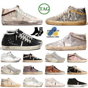 Luksusowe złote stadniny różowe designerskie buty Zebra Casual Buty Mid Star Włoch Marka płaska kula skórzana zamsz ręcznie robione brokat srebrne sneakery zabytkowe trenerzy męskie