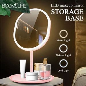 Speglar LED Makeup Mirror With Light Face Mirror With Storage Desktop Roterande Light Vanity Mirror Justerbar Dimmer USB Cosmetic Mirror