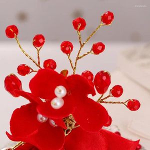 Grampos de cabelo clássico chinês vermelho flor noiva pinos brindando roupas acessórios de casamento para mulheres meninas dama de honra