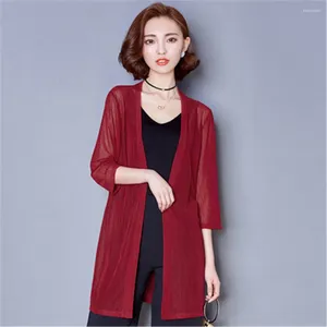 Kvinnors stickor Summer Sunproof Mesh Blus Sun Protection Sheer Long Cardigan Jackla Coat Kvinnlig Halva ärm Casual Shawl Tops Office Lady