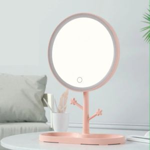 Speglar LED Makeup Mirror With Light Ladies Storage Makeup Lamp Desktop Roterande Vanity Mirror Round Form Kosmetiska speglar för sovrum