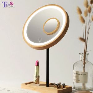 Speglar trä Desktop LED Makeup Mirror 3x Storra USB laddning Justerbar ljus Diffused Light Pouch Screen Beauty Mirrors