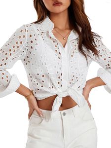 Women's Blouses Wsevypo Chic Hollowed White Shirts Long Sleeve Turn-down Collar Button-down Casual Tops Streetwear Basic Slim