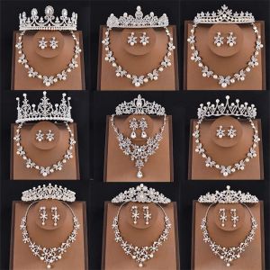 Halsketten Kristall Kopfband Stirnband Brautschmuck Sets Tiaras und Kronen Perlenhochzeit Halskette und Ohrringe Set Women Hair Accessoires