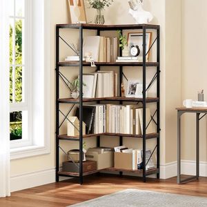 Industrial Corner Shelf 5 Tier Bookcase Large Display Rack Storage for Bedroom Living Room Home OfficeRustic Brown 240125