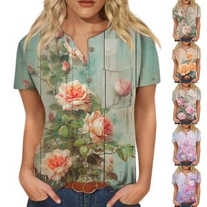 Women's T Shirts 2024 Trendy Vintage Short Sleeve Top for Women Ladies Casual Three Quarter Button Collar T-shirt Blus Bodys Mujer
