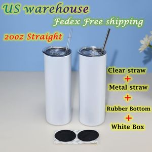 US warehouse 20oz Skinny straight Sublimation Tumblers 25pcs per carton Clear & Metal Straws Rubber bottoms Stainless Steel Double3076