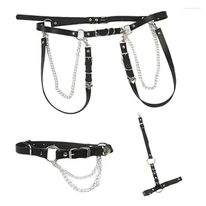 Belts H9ED Black Faux Leather Chain Belt Goth Sexy Body Skirt Punk Style Strap Waist For HARNESS Dance Jewelry