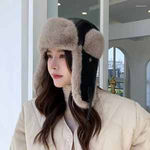 Berets Leather Lei Feng Hat For Men And Women In Autumn Winter Thickened Furnished Warm Ear Protection Outdoor Ski