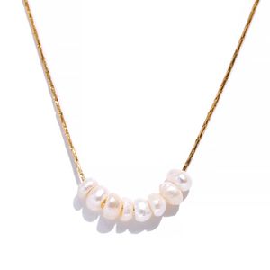 Tarnish Free Natural Pearl Pärlor chic utsökt halsband tunn kedja 14k gul guld minimalistisk charm krage smycken kvinnor