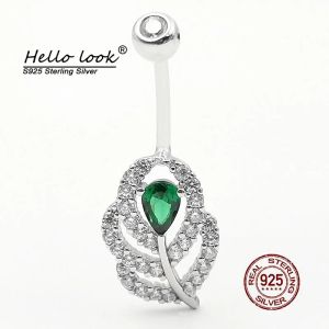 Smycken Hellolook New Leaf Belly Button Ring Green Zircon Belly Piercing Ring 925 Sterling Silver Navel Piercing Body Jewelry