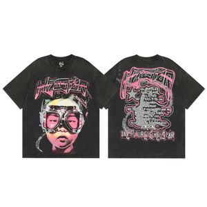 Hellstar 24ss designer americano Hellstar high street hip-hop moderno verão desgastado na frente e nas costas estampado solto manga curta camiseta de casal para homens e mulheres