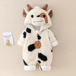 Natal adorável vaca bebê meninas meninos macacão macacões inverno engrossar onesie dos desenhos animados crianças bodysuit macio bebê hoodie coverall 240119