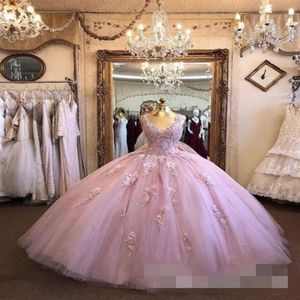 Blush V-Neck Prom Quinceanera Sukienki Tiul Long Lace 2020 gorset z tyłu Vestidos de Festia Ball suknia Słodka 16 sukienka formalna Graduati337c